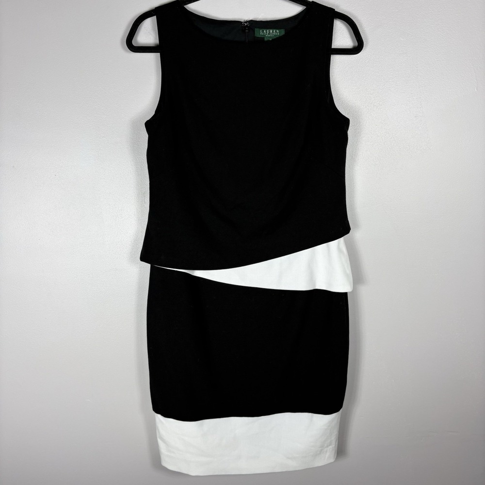 Lauren Ralph Lauren 10 Black White Sleeveless Back Zip Lined Layer Sheath Dress